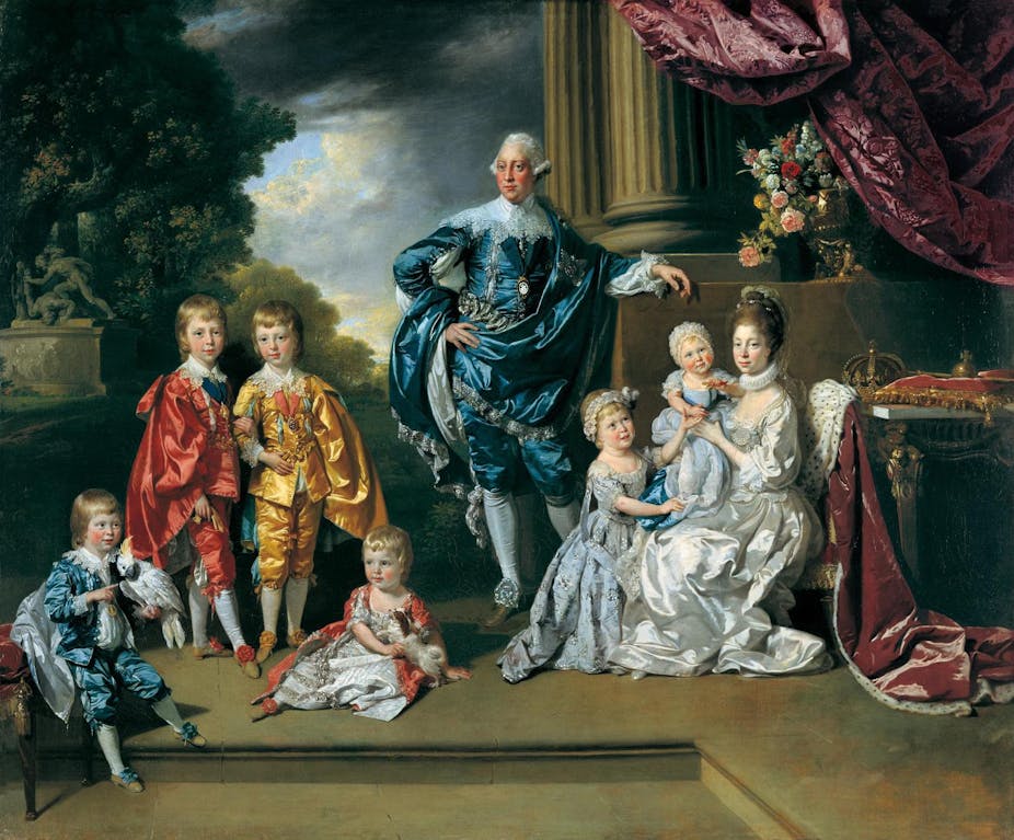 A historical painting of the British royal family.