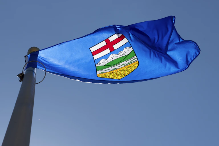 A blue flag with red cross and mountains.
