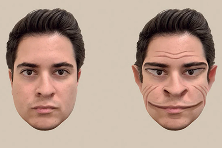 Deux visages présentés côte à côte, celui de droite étant une version déformée de celui de gauche