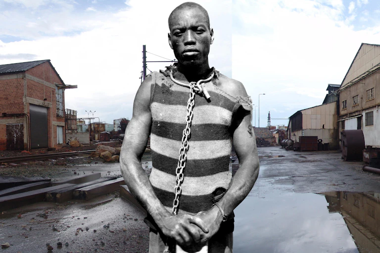 A man in a torn prison top with a shackle around his neck stands in a puddle of water, next to a buildings and railway line.