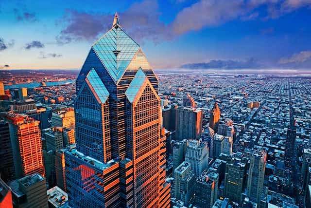 View of skyline of Philadelphia with Two Liberty Place skyscraper in foreground