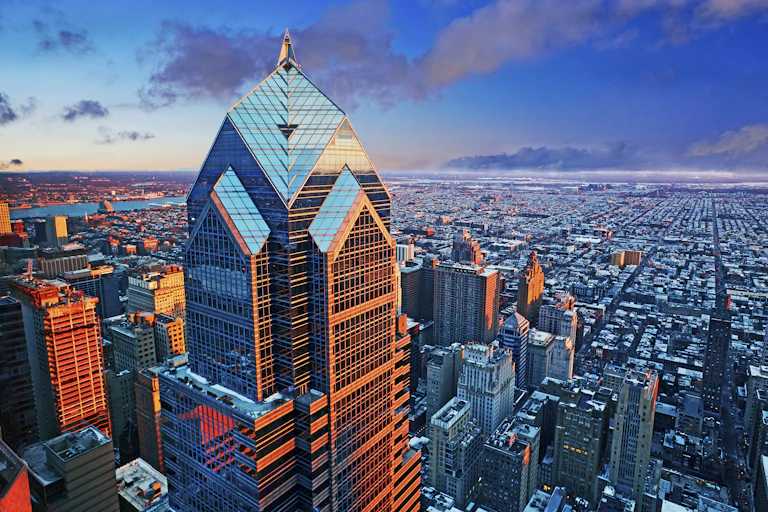 View of skyline of Philadelphia with Two Liberty Place skyscraper in foreground