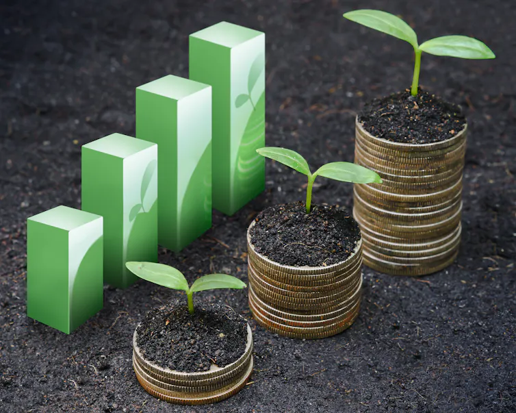 Seedlings growing on piles of coins.