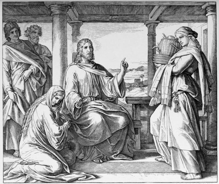 Jesus seated on a chair, talking to two women, one sitting at his feet and the other standing in front, holding a large basket.