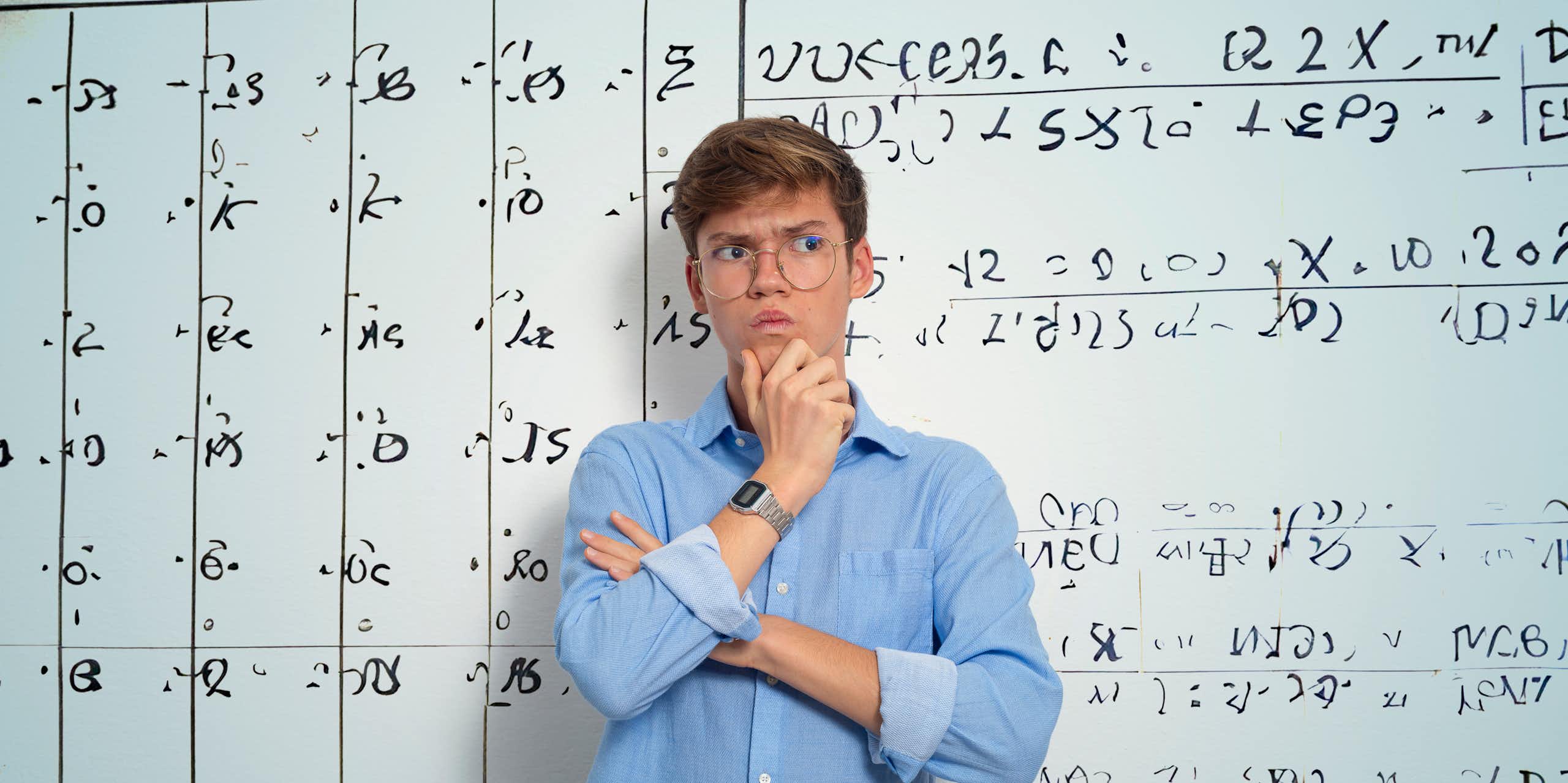 A teenage boy with a quizzical look on his face stands in front of a whiteboard filled with mathematical equations.