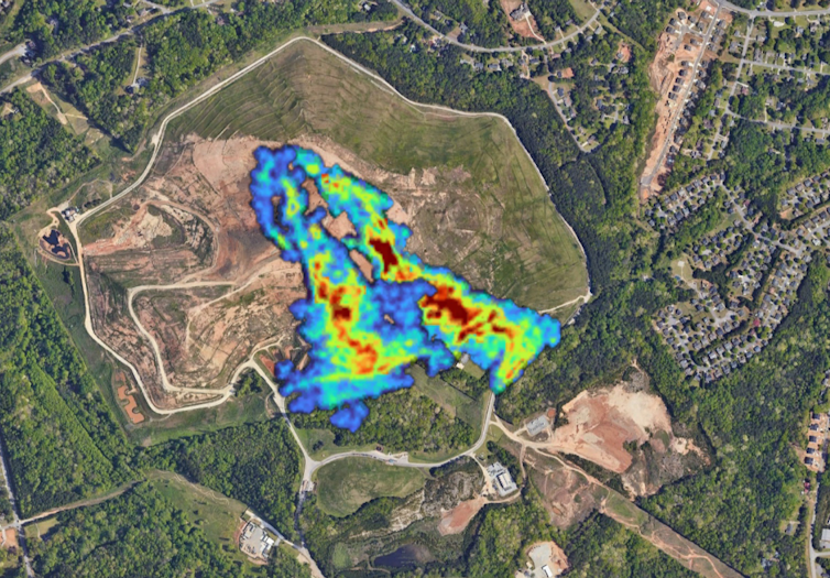 Colored areas show where methane is detected from a landfill surrounded by homes.