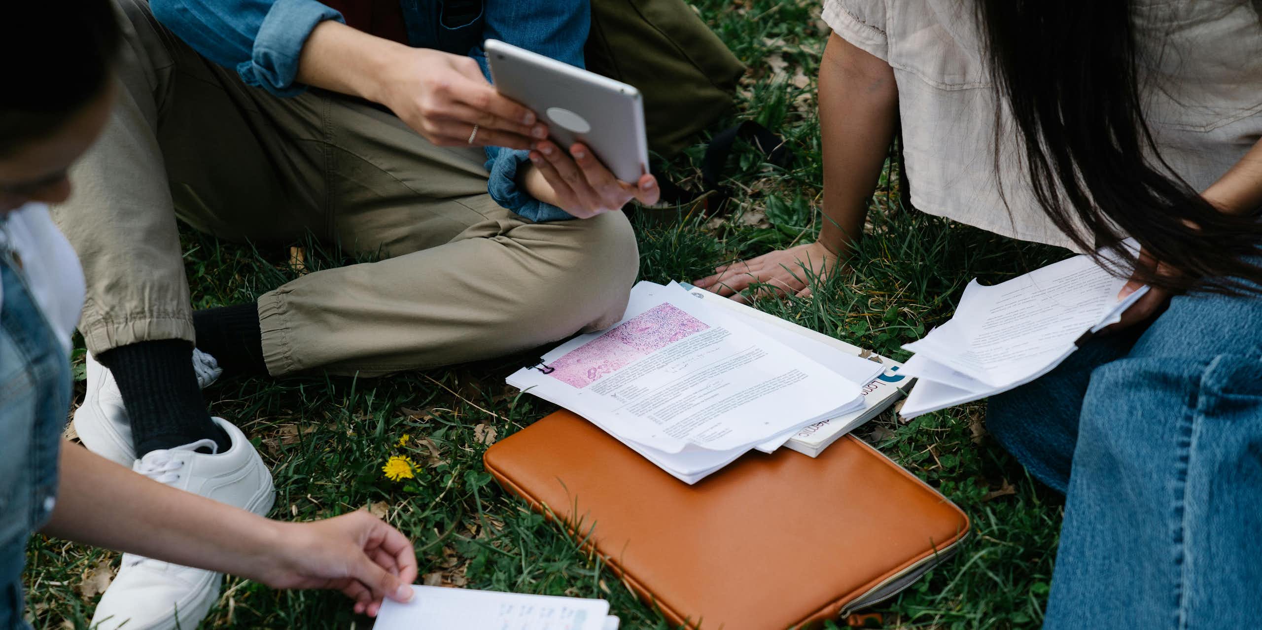 A group of young people sit on the grass with books and papers. 