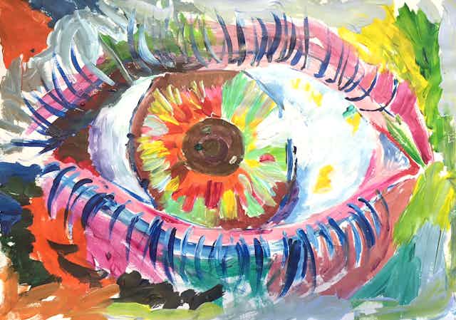A colourful painting of an eye.