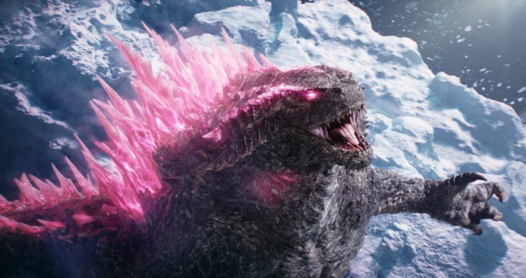 Godzilla with pink glowing eyes and pink spines on his back