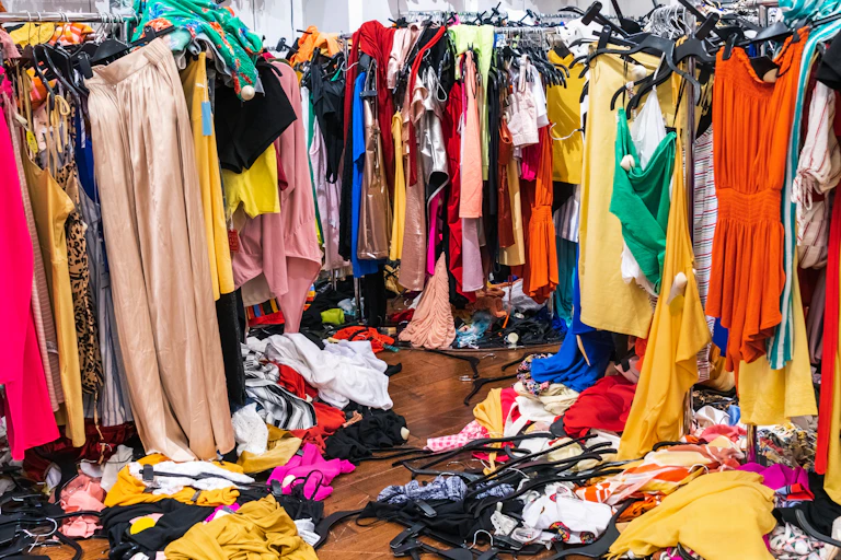 un placard avec une accumulation de vêtements très colorés