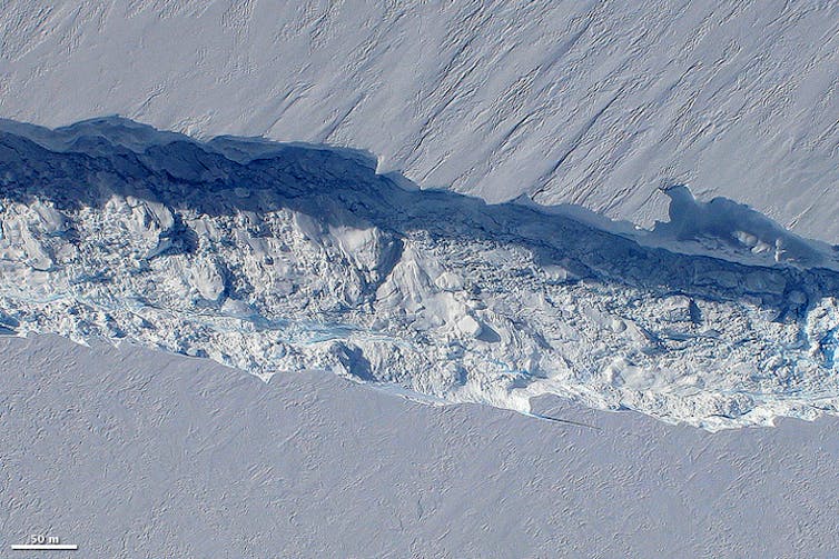 An aerial view of a rift in West Antarctica's Pine Island Galcier