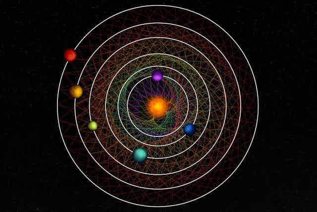 Ilustração de um sistema planetário com um sol central e as órbitas de seis planetas formando um desenho nas suas posições relativas
