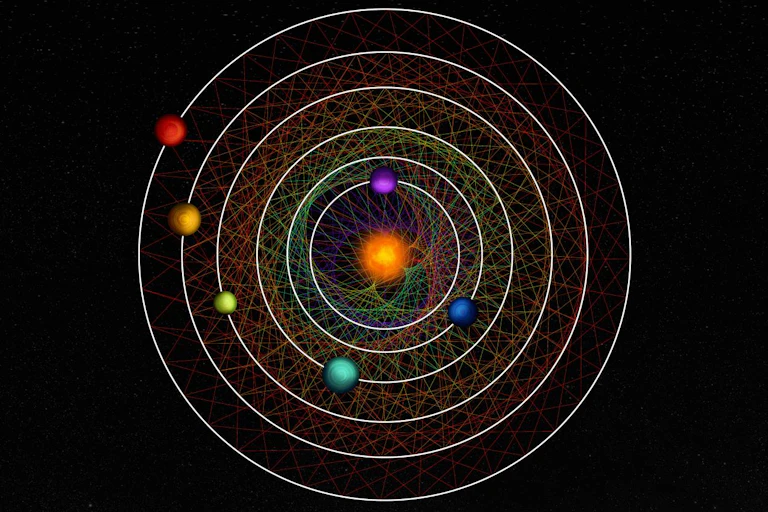 Ilustração de um sistema planetário com um sol central e as órbitas de seis planetas formando um desenho nas suas posições relativas
