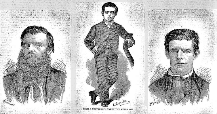 Three of the Riverina bushrangers are sketched in pencil in a newspaper.