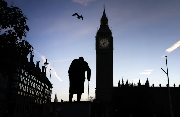 A statue of Winston Churchill is silhouetted against the London skyline.