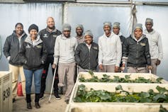 A group of ten people posing, smiling, alongside large pallets containing big leaves