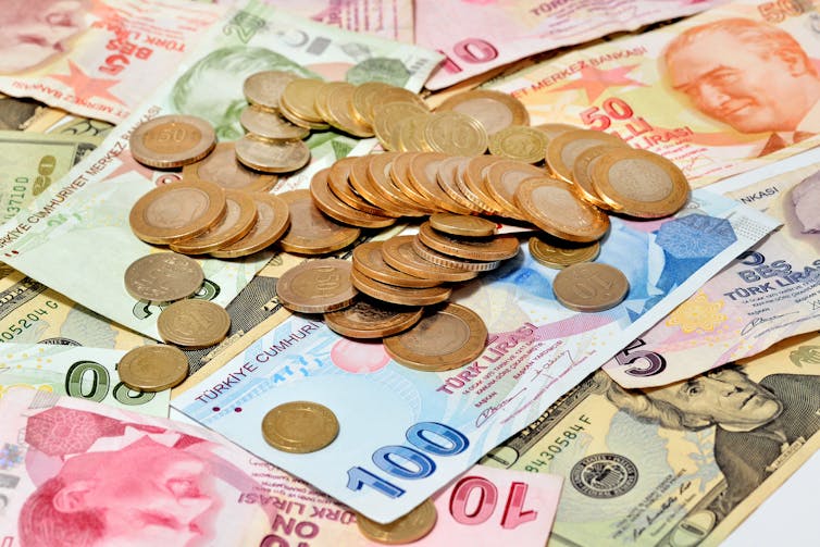 Turkish lira banknotes and coins.