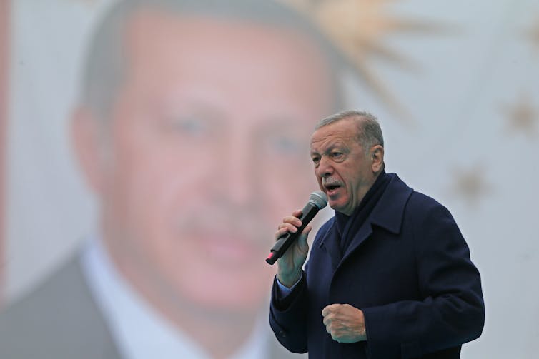 Turkish President Recep Tayyip Erdoğan gives a speech.