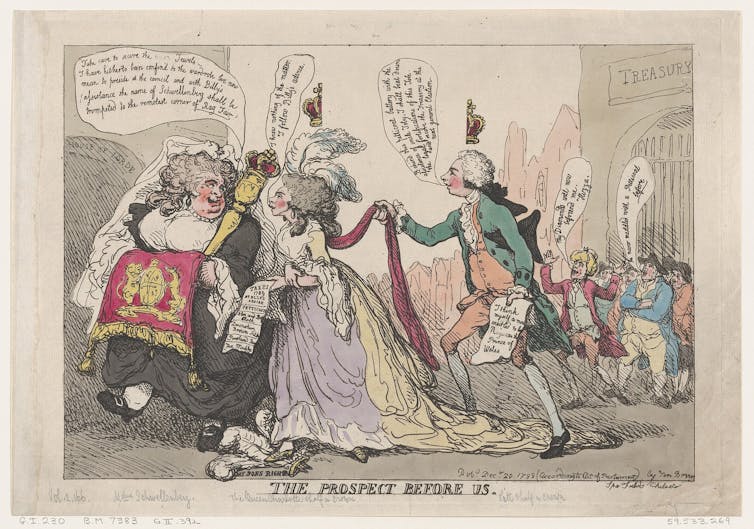 A satirical cartoon depicting William Pitt and Queen Charlotte.