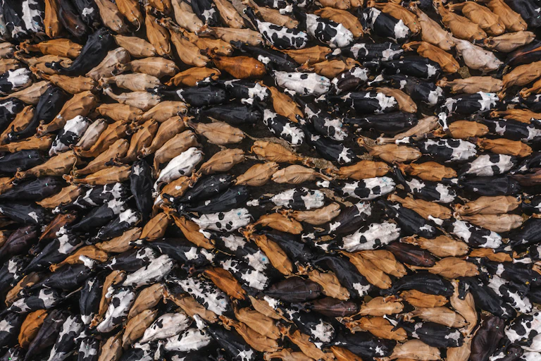 An aerial view of cows crowded together in a cattle pen. Some are brown, some are black and white