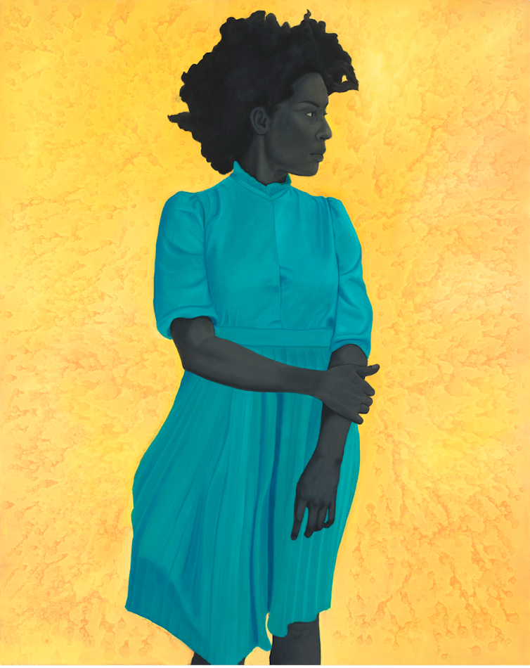 A painting of a young black woman in a turquoise dress against a bright yellow background.