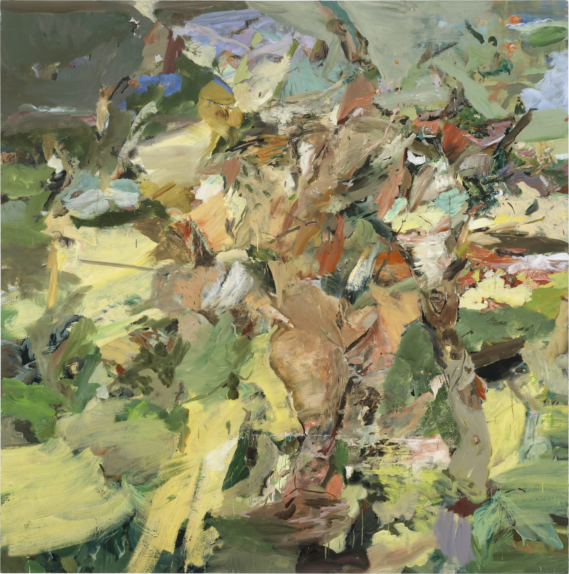 A painting of an abstract scene that looks like a forest.