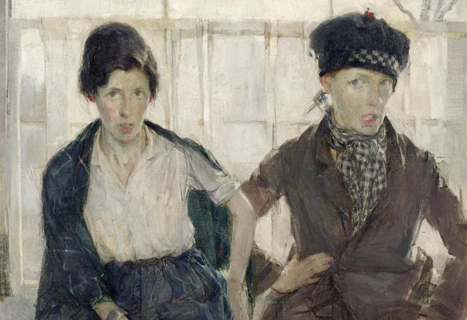 A painting of two young jaunty women posing in a window with bemused expressions.