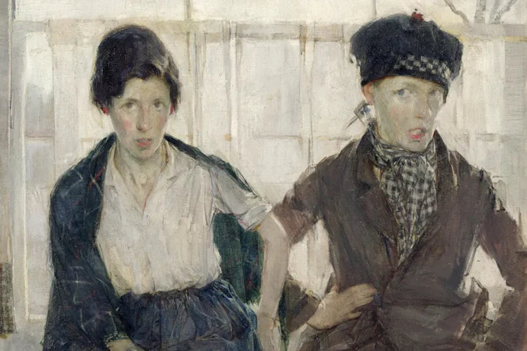 A painting of two young jaunty women posing in a window with bemused expressions.