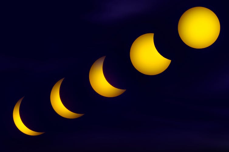 A montage photograph of a solar eclipse in 2017.