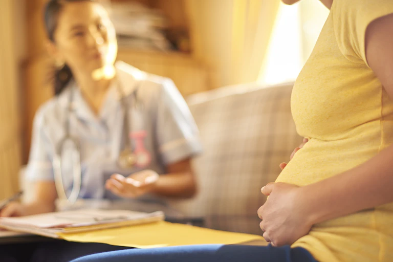 Pregnant woman holds her hands to her belly while sitting on a couch talking with a midwife who is taking notes.