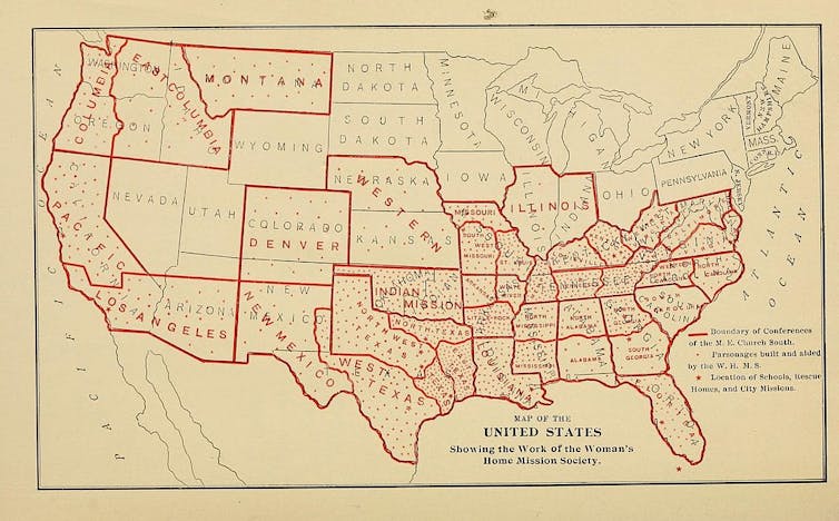 A map of the United States on faded yellow paper with some states outlined in red.