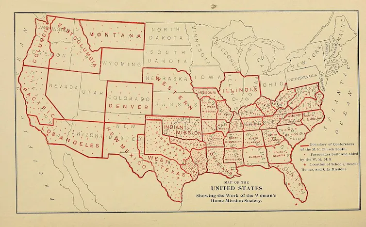 A map of the United States on faded yellow paper with some states outlined in red.