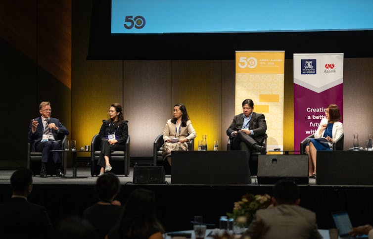Five people seated on stage, involved in a panel discussion at the special 2024 ASEAN Summit in Melbourne
