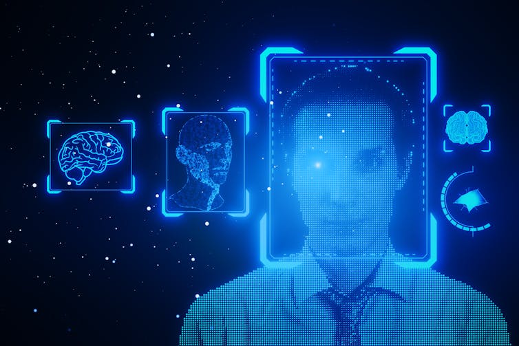 headshot de um homem com imagens digitais azuis sobrepostas em um fundo escuro