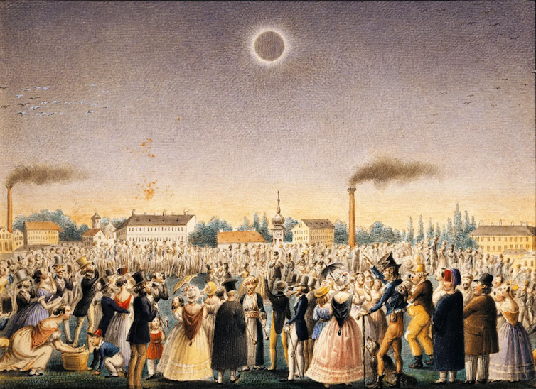a painting of a crowd of people staring up at an eclipsed sun