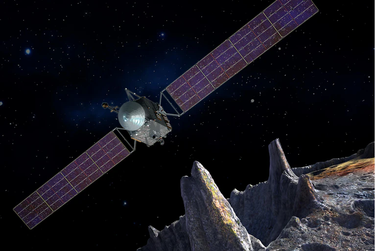 Vue d'artiste de la mission spatiale Psyche qui se posera sur l'astéroïde Psyche en 2029.