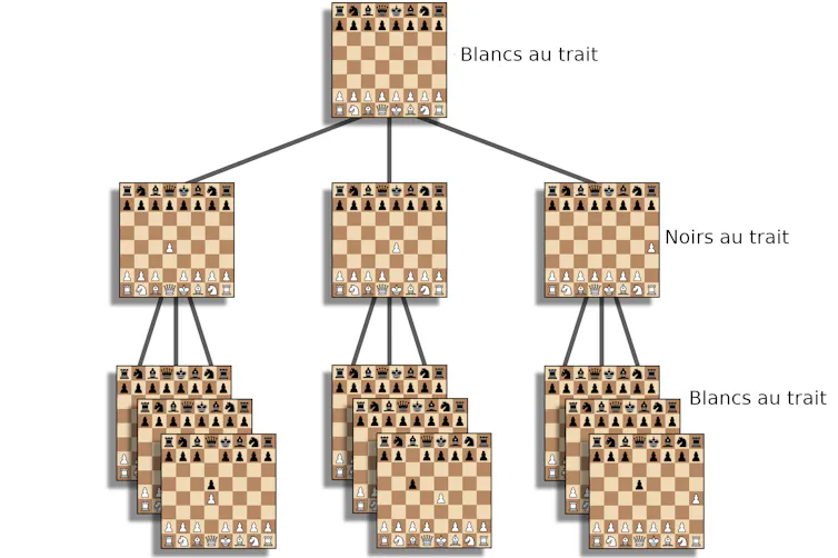 Un arbre des coups : une situation initiale, 3 positions possibles au coup d’après, puis pour chaque position encore 3 possibilités