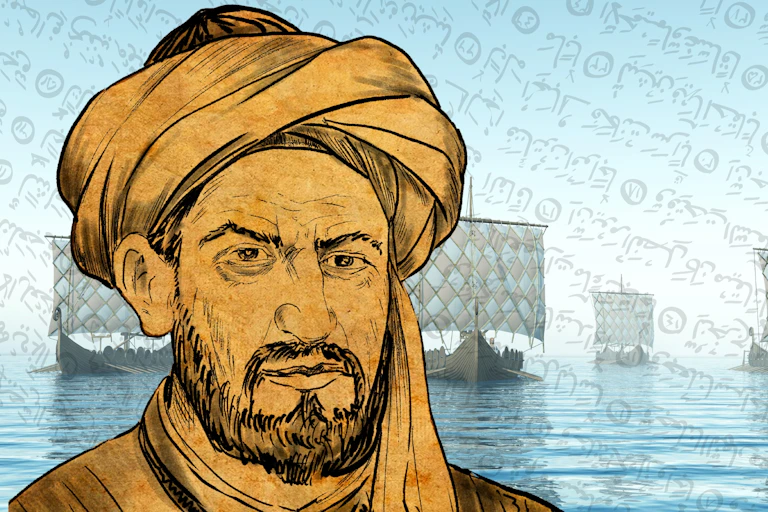 Ahmad ibn Fadlan in front of Viking ships.