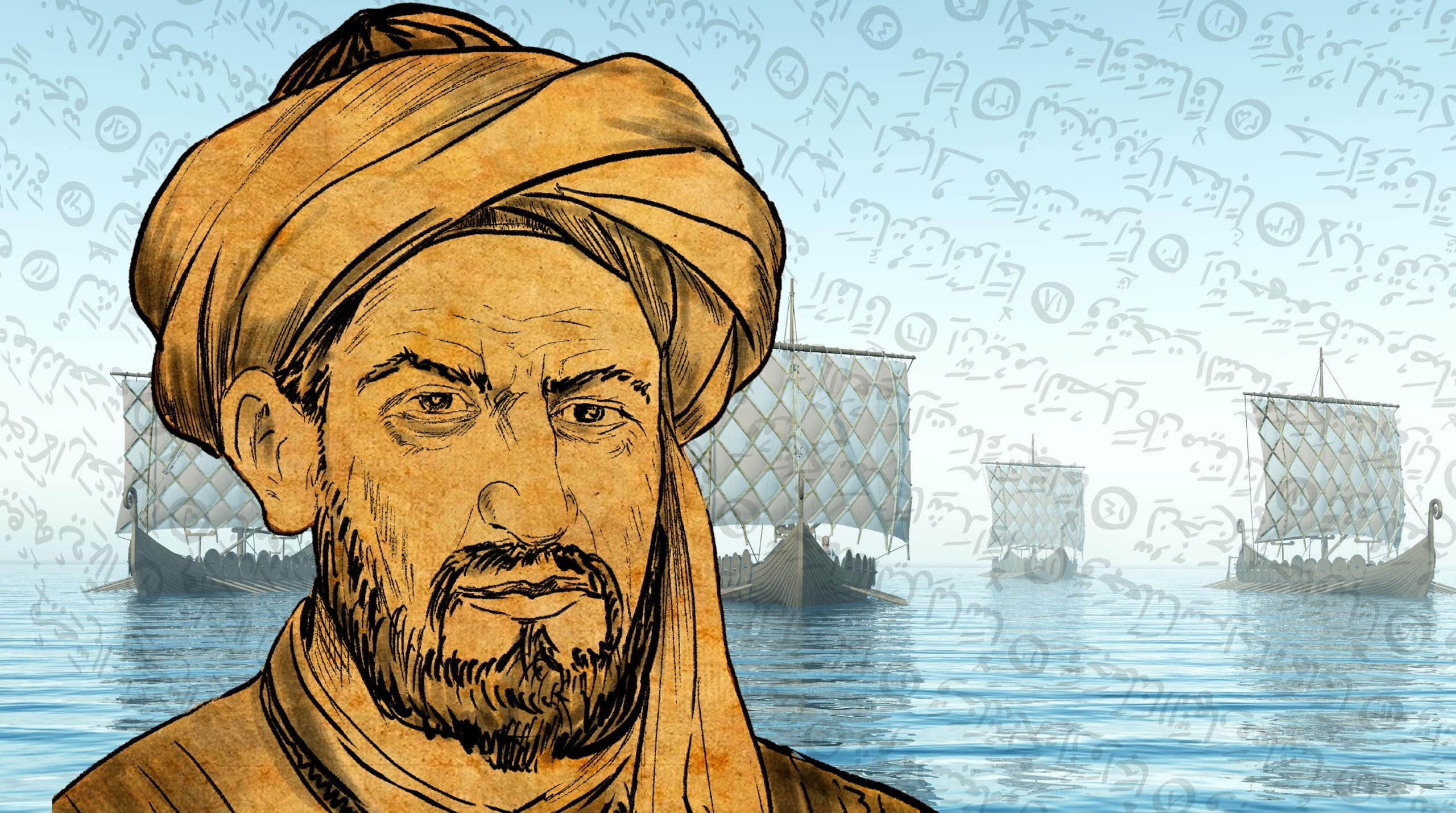 Ahmad ibn Fadlan in front of Viking ships. 