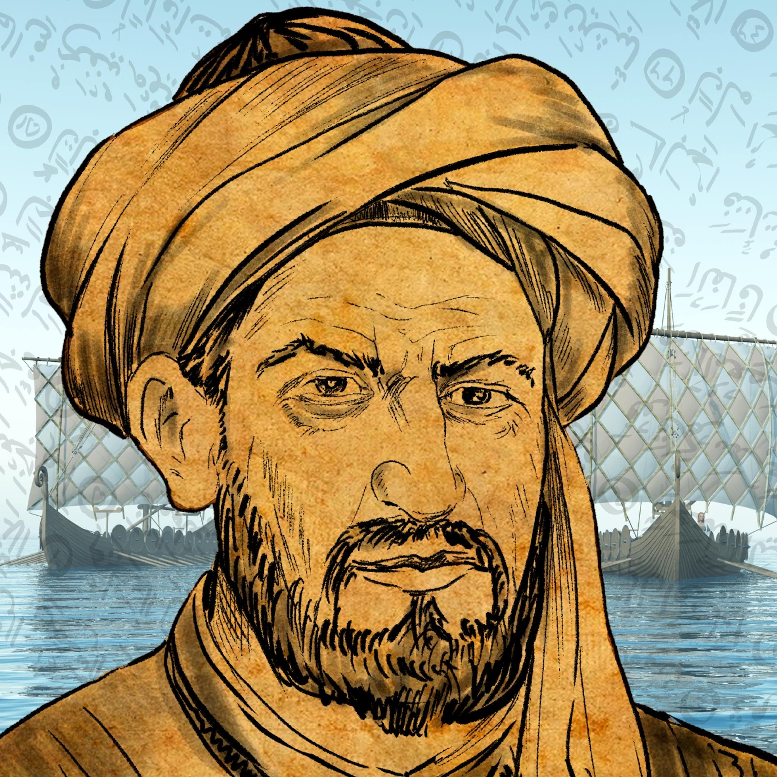Ahmad ibn Fadlan in front of Viking ships.