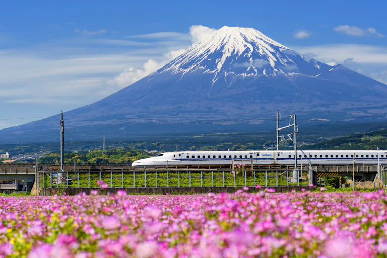 A Shinkansen bullet train running past Mount Fuji in Japan.