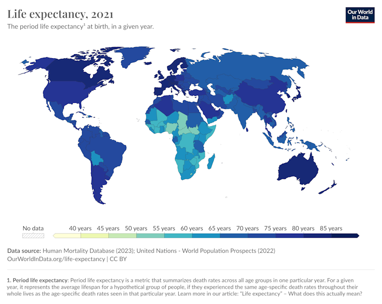 a map showing life expectancy by country