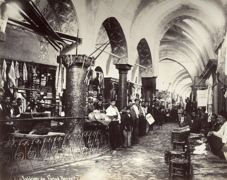 Black and white photo of inside the Bazaar