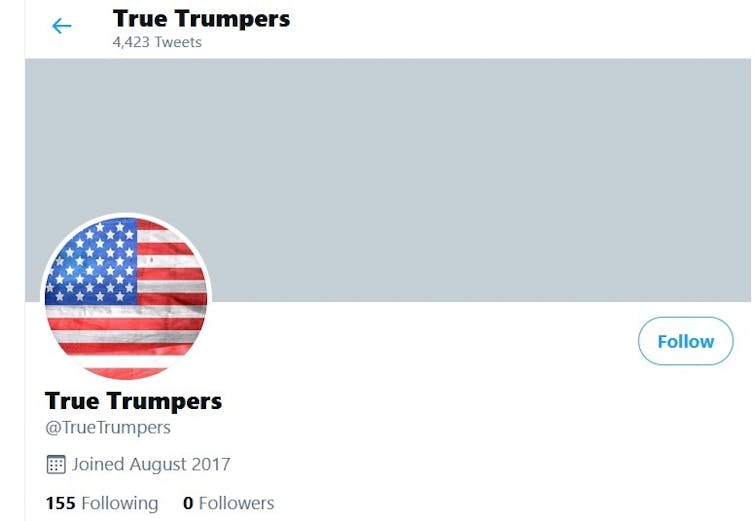 A screen shot of a bot's profile on X. The user name is True Trumpers.