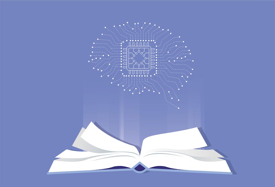 A dot diagram in the shape of a brain, with an open book beneath it, against a blue background.