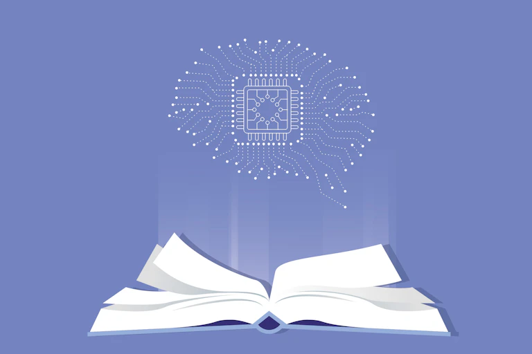 A dot diagram in the shape of a brain, with an open book beneath it, against a blue background.
