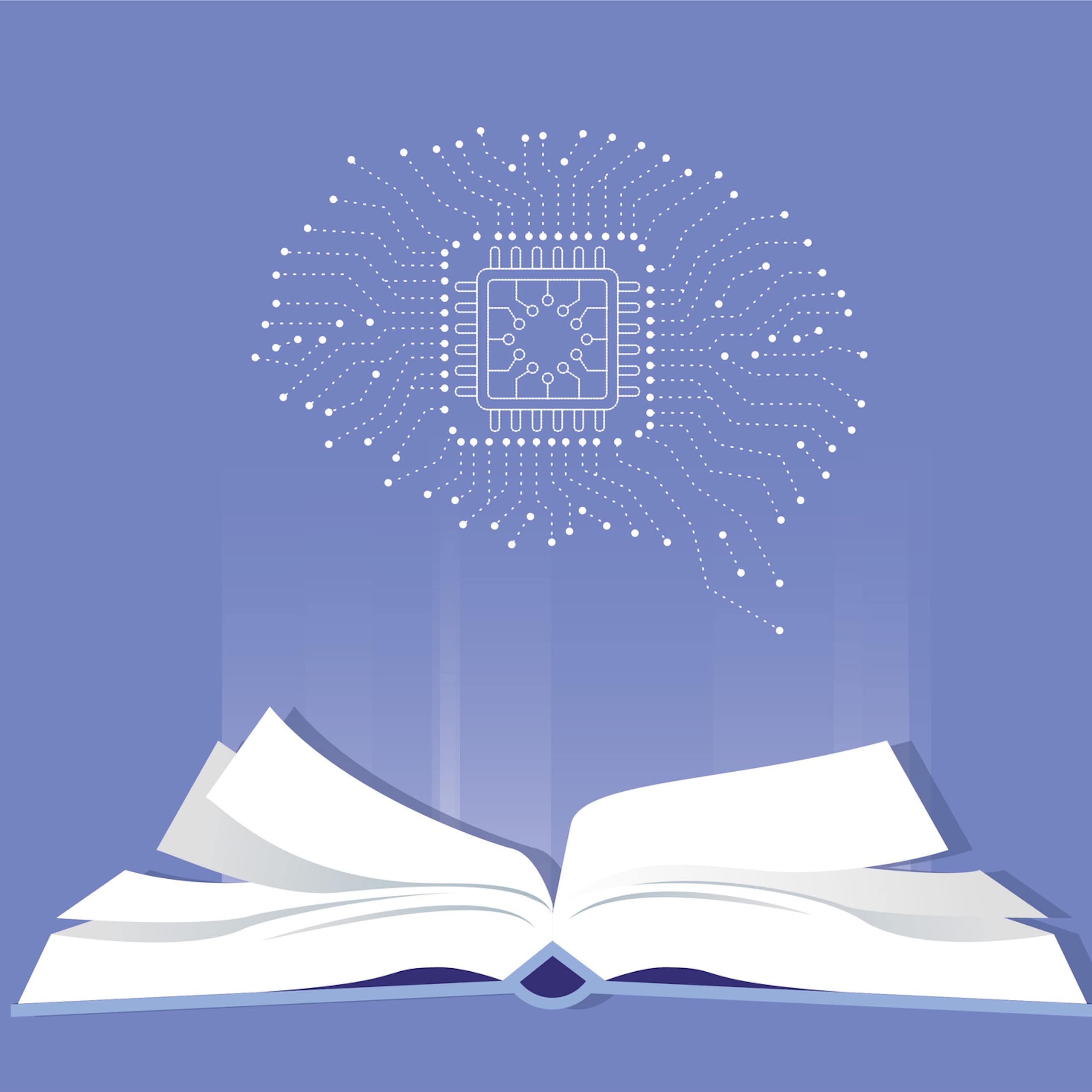 A dot diagram in the shape of a brain, with an open book beneath it, against a blue background.