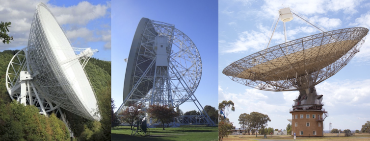Photo collage of three radio telescope dishes.