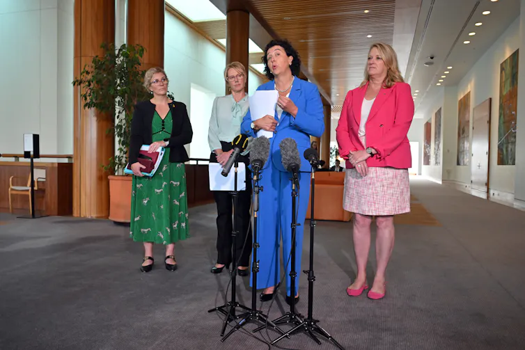 Independent MP Monique Ryan and other independent MPs at a press conference at Parliament House in Canberra.