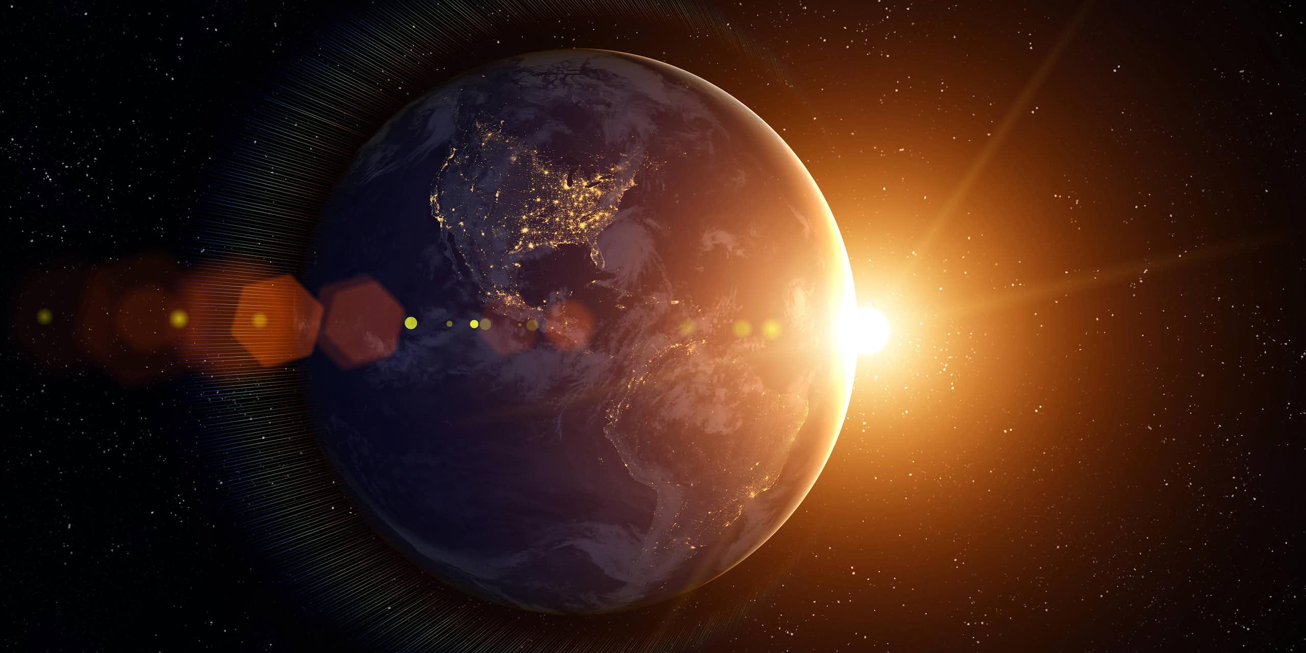 Image showing Earth floating in space with the Sun in the background.